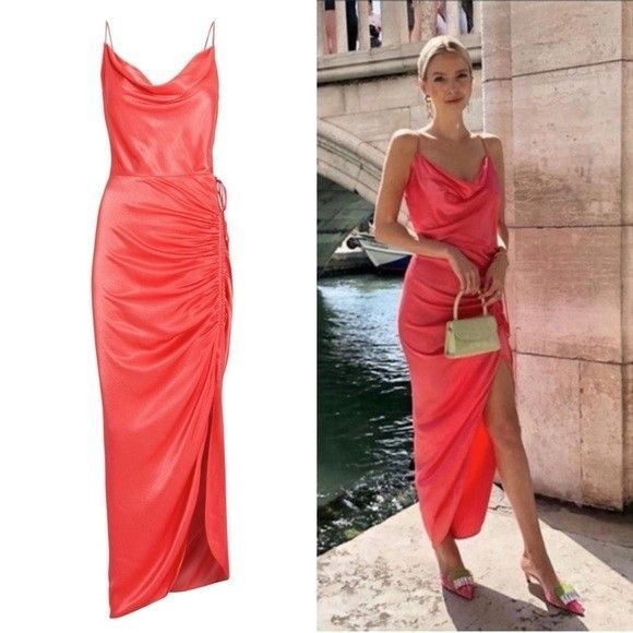 Veronica Beard Natasha Slip Dress Ruched Slit Maxi Size 8 Coral Wedding Guest - Picture 1 of 12